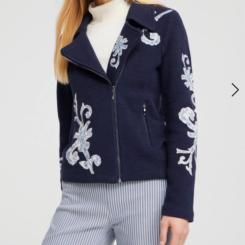 Chico's Blue and White Blazer with Butterfly Embellishments